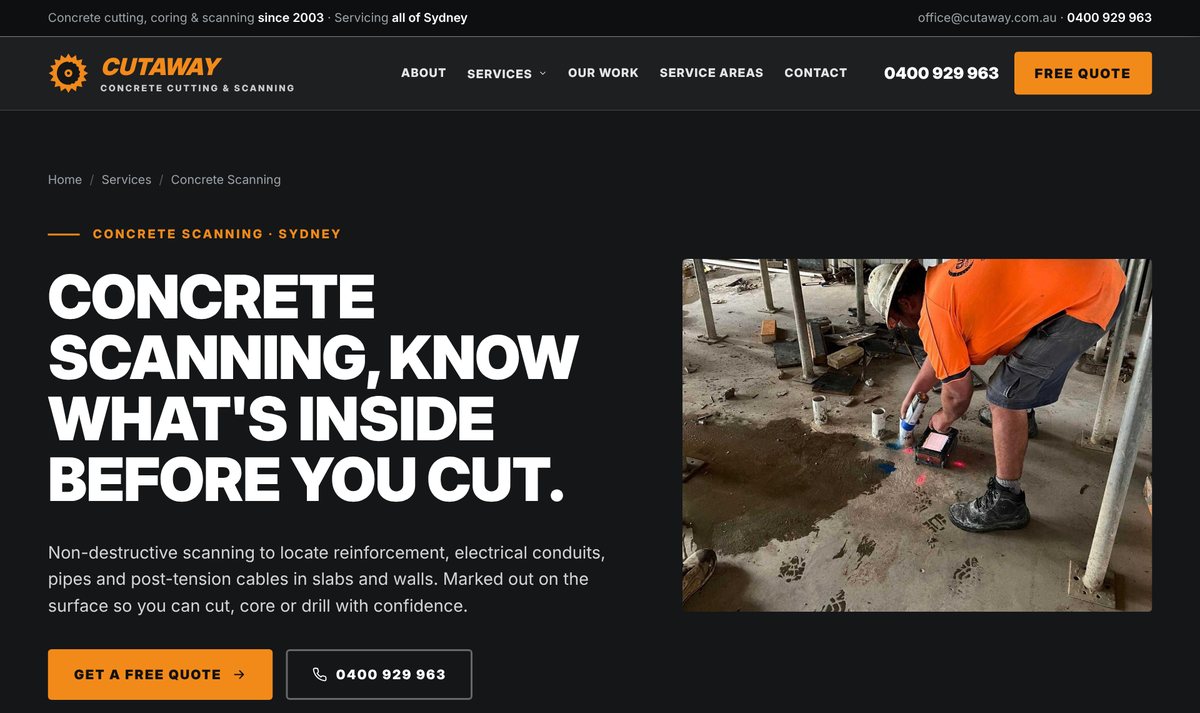 Concrete scanning service page on the concept site